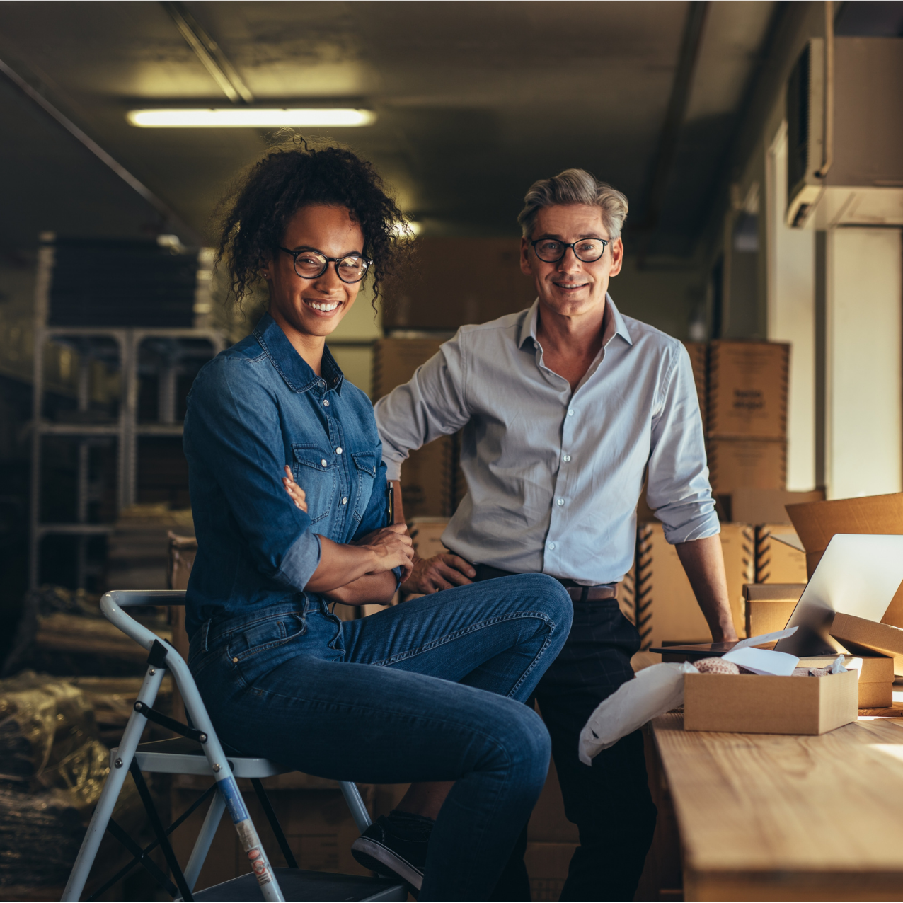 a man and a woman are posing for a picture in a warehouse.
