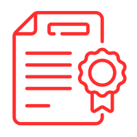 Un icono de línea roja de un certificado con una cinta.