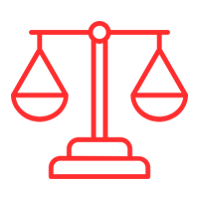 Un icono rojo de una balanza de la justicia sobre un fondo blanco.