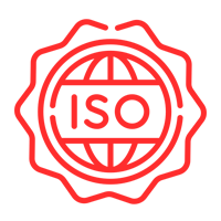 Un icono rojo de un sello iso sobre un fondo blanco.