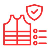 Un icono rojo de un chaleco con un escudo y una marca de verificación.