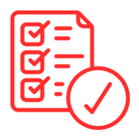 Un icono rojo de una lista de verificación con una marca de verificación en un círculo.