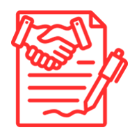Un icono rojo de un apretón de manos y un bolígrafo sobre una hoja de papel.