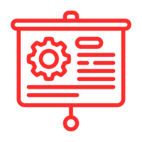 Un icono rojo de una pantalla de proyector con un engranaje sobre ella.