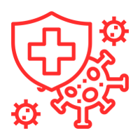 Un escudo con una cruz está rodeado de virus.