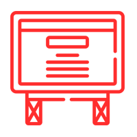 Un icono de línea roja de una cartelera sobre un fondo blanco.
