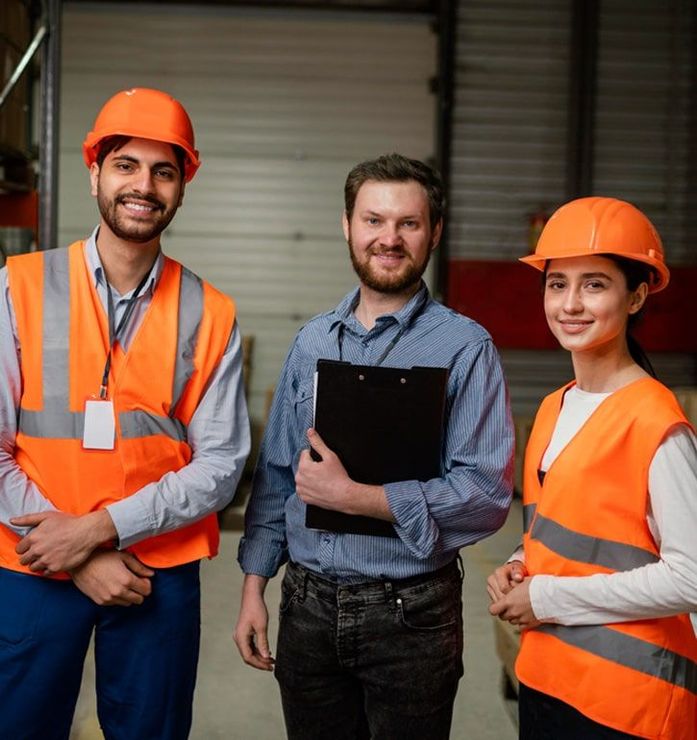 Un grupo de trabajadores de la construcción posan para una fotografía en un almacén.