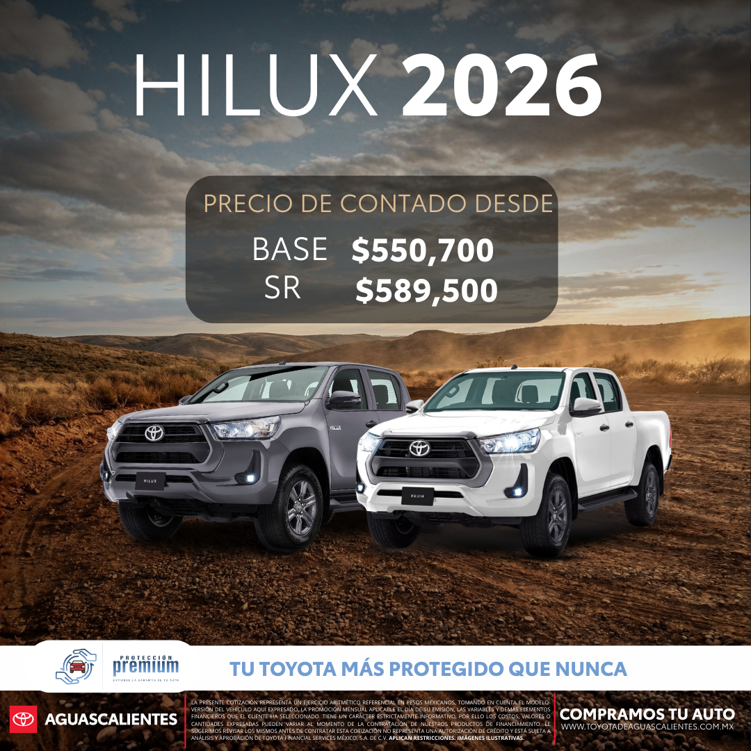 Anuncio de la Hilux 2026 con dos camionetas Toyota y precios iniciales en efectivo.