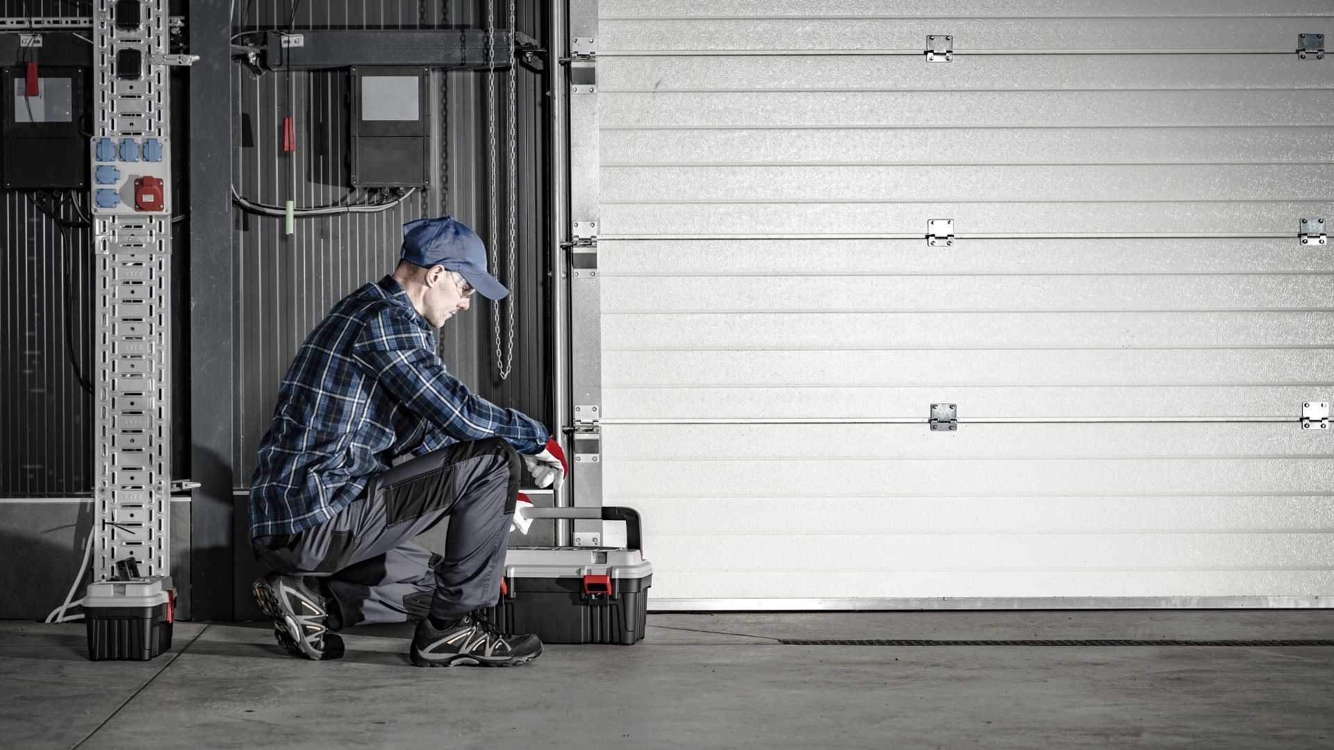A man is kneeling down in front of a garage door.