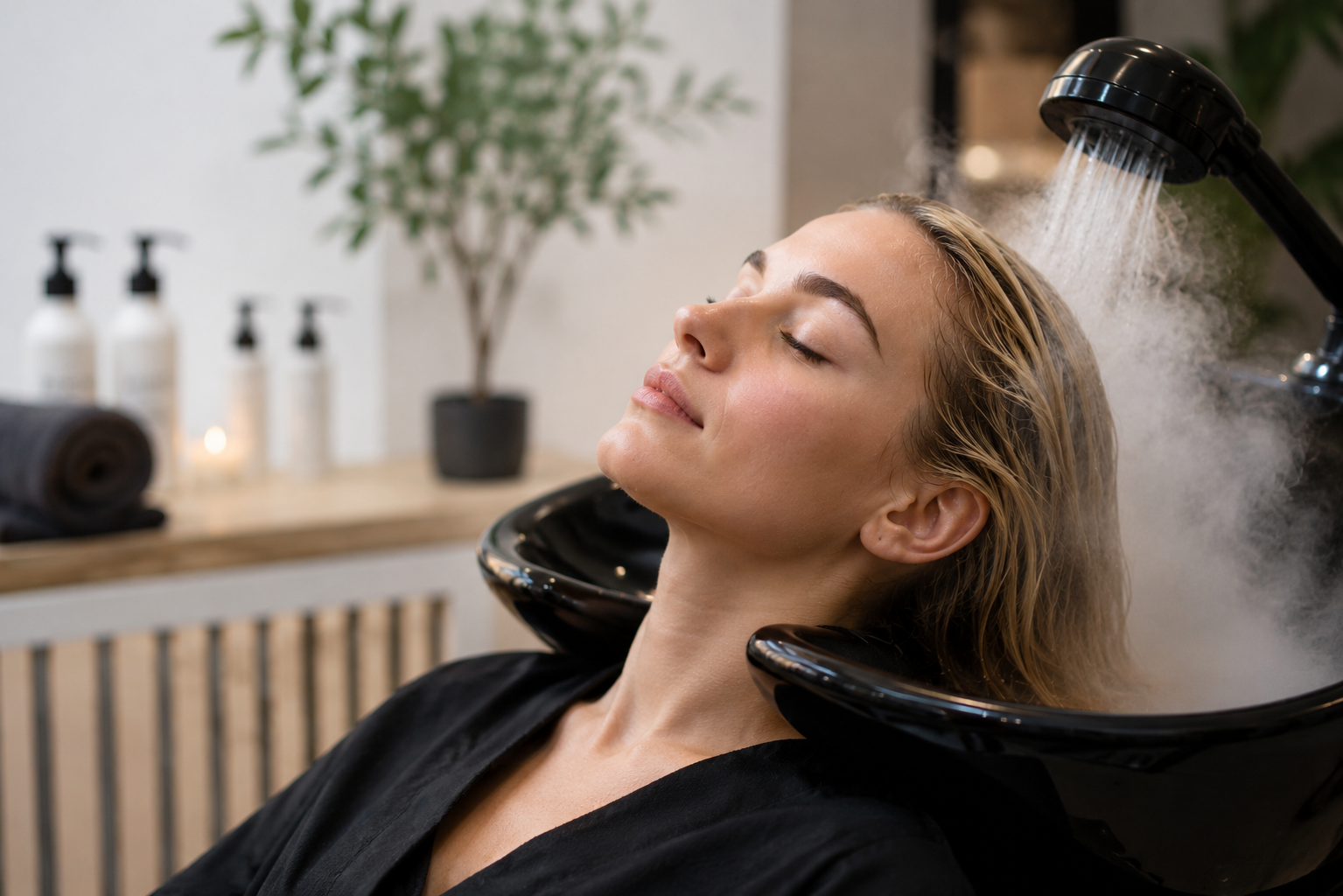 Cliente sdraiata davanti a un lavabo da salone, con l'acqua che le risciacqua i capelli.