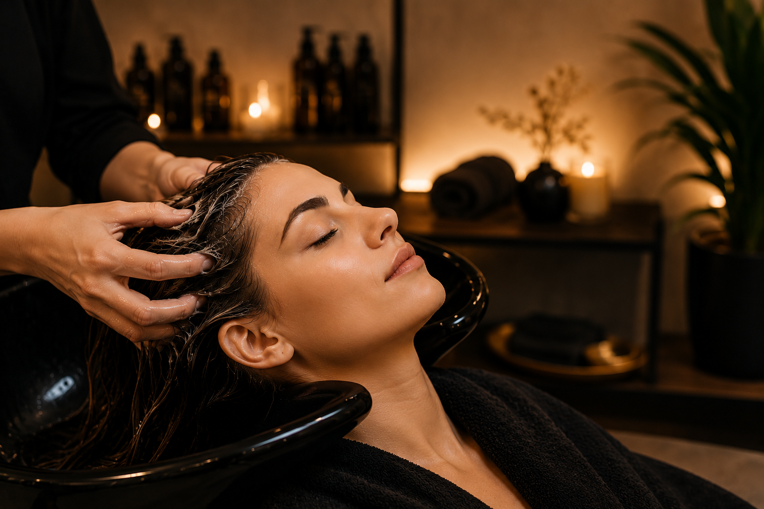 Cliente che riceve uno shampoo in un ambiente con luci soffuse, vicino a un lavandino di una spa