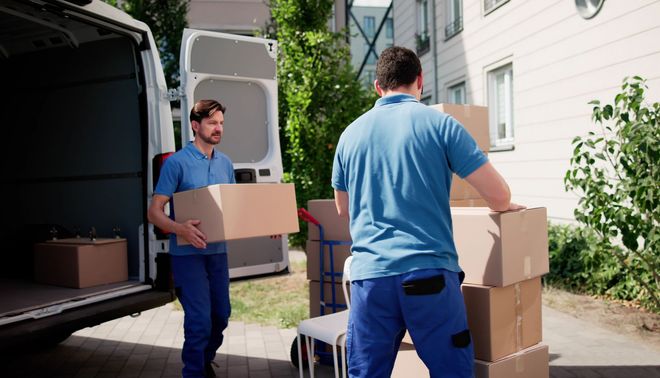 Two movers carrying cardboard boxes beside a truck outside a house