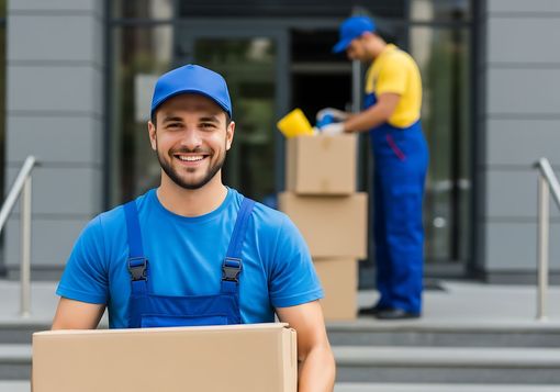Delivery workers in blue uniforms carrying cardboard boxes on steps outside a building