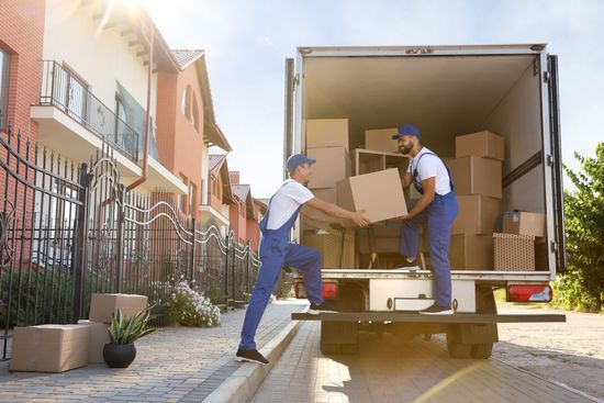 Two movers unloading boxes from a truck on a sunny residential street