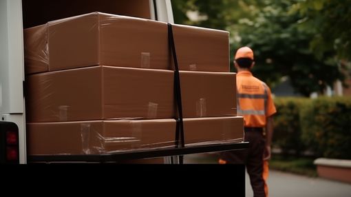 Stacked brown boxes secured in a delivery van beside a worker in an orange safety jacket