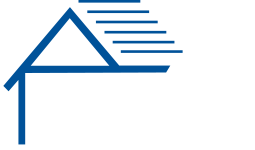 Blue house roof and facade icon, with horizontal lines.