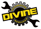 Automotive service logo with yellow &ldquo;DIVINE&rdquo; text on a gray gear with black wrenches