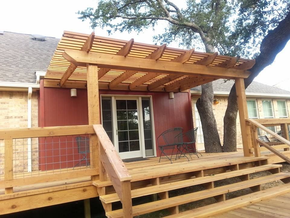 Cedar pergola over deck and stairs