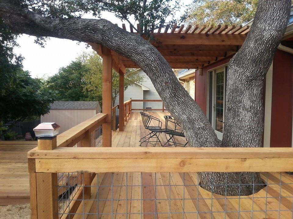 Cedar deck with oak tree cutout
