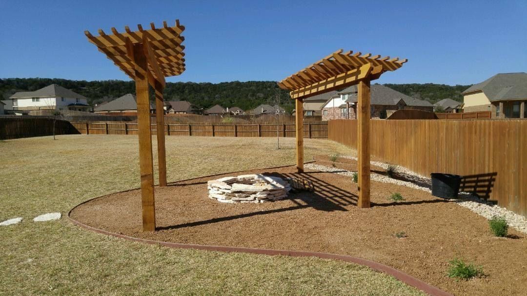Split pergola with firepit