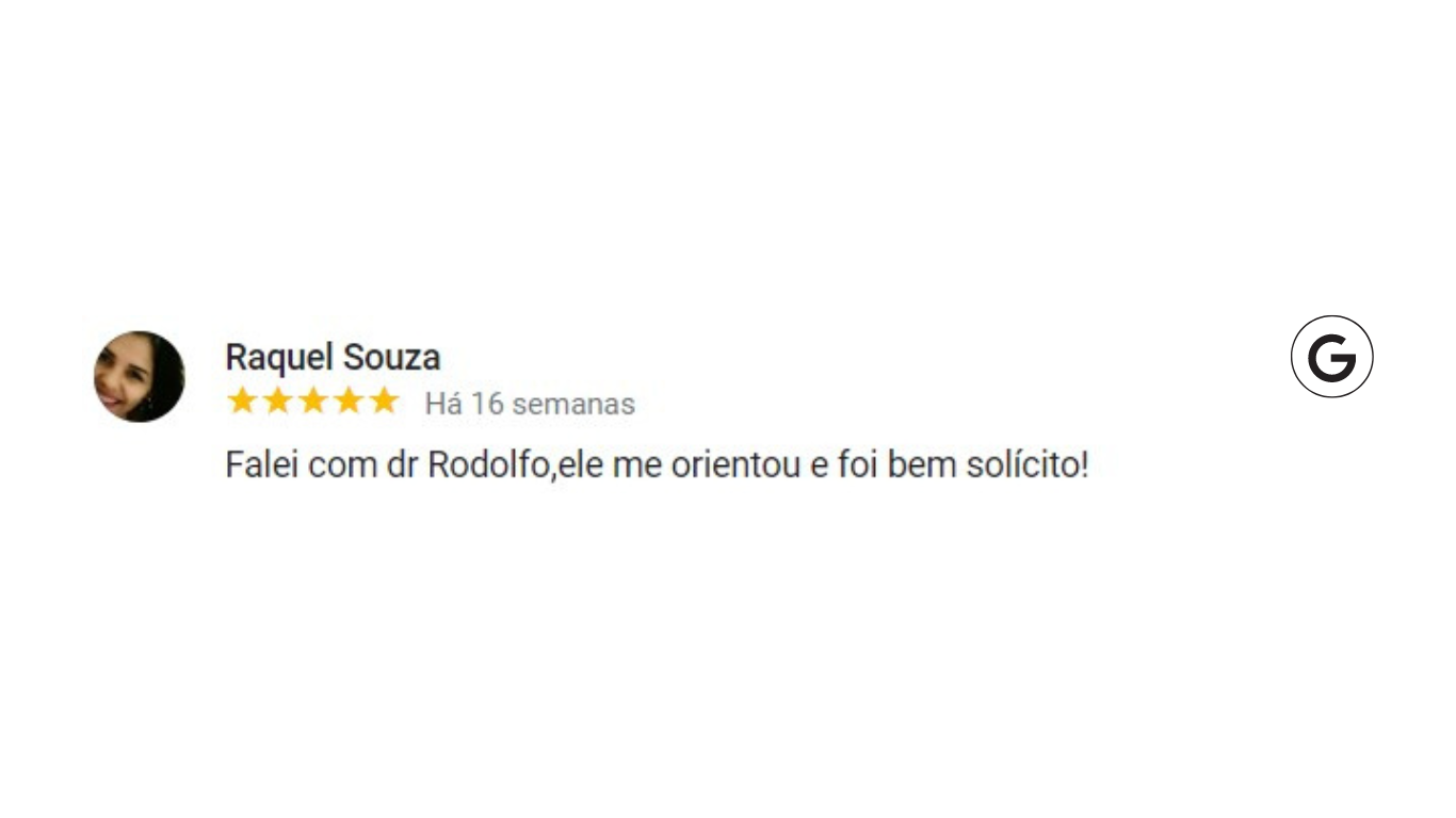 Avaliação de Raquel Souza com cinco estrelas, elogiando o Dr. Rodolfo por sua orientação.