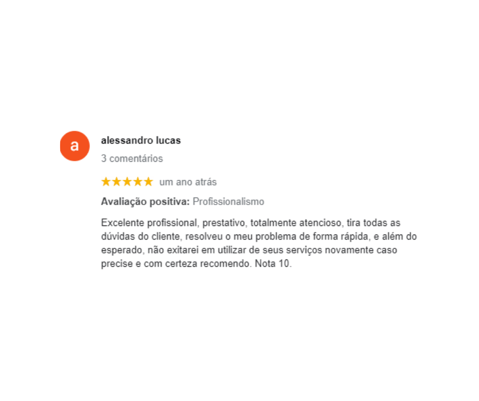 Avaliação de um serviço profissional com classificação de cinco estrelas e comentários positivos.