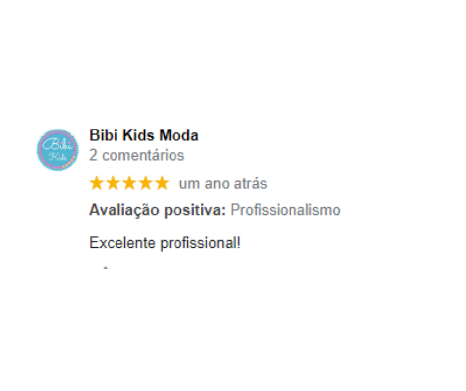 Resenha da Bibi Kids Moda: avaliação positiva, mencionando profissionalismo, estrelas e texto.