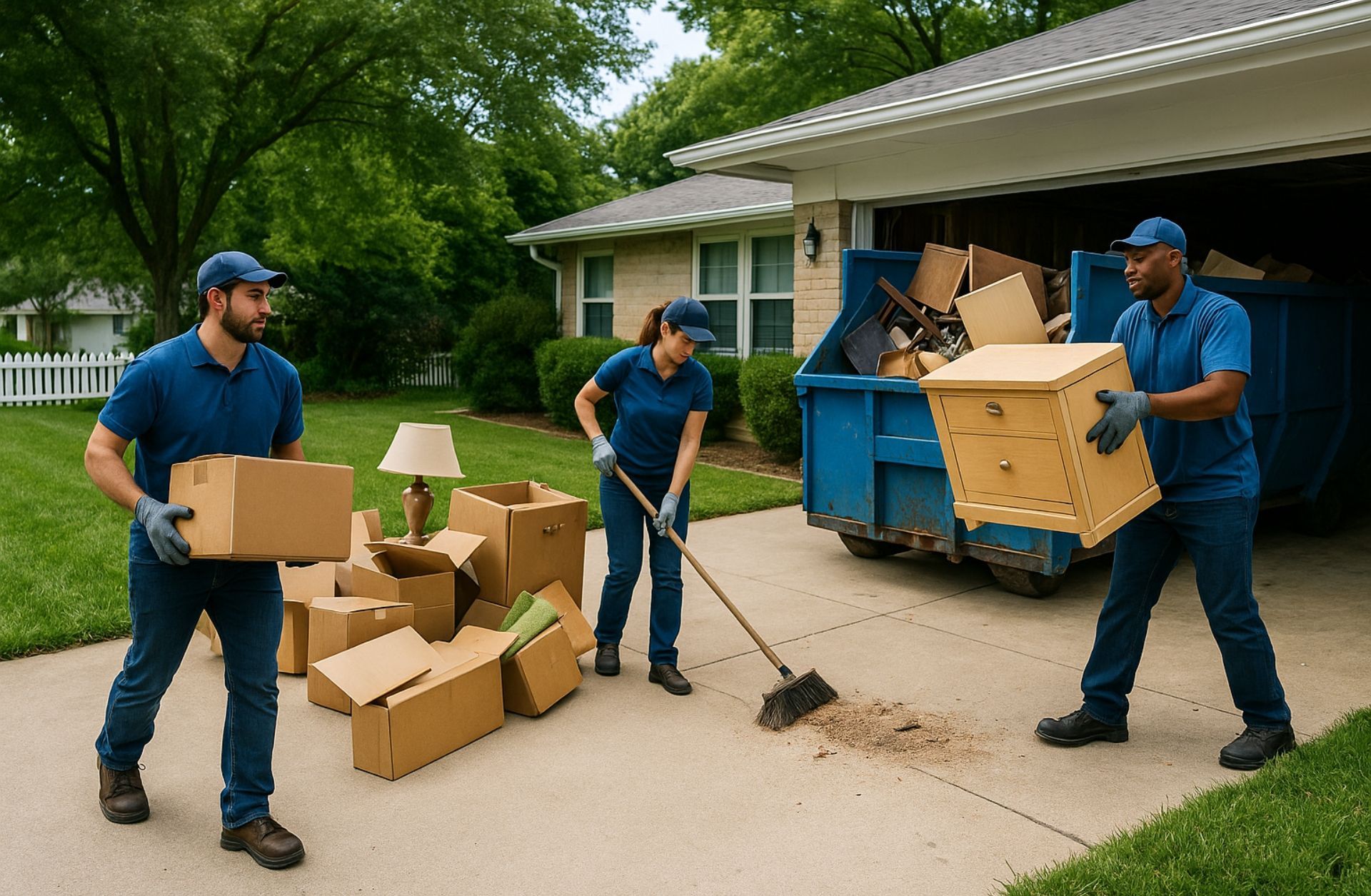 Three junk movers loading boxes into a dumpster and sweeping debris on a driveway near a house.