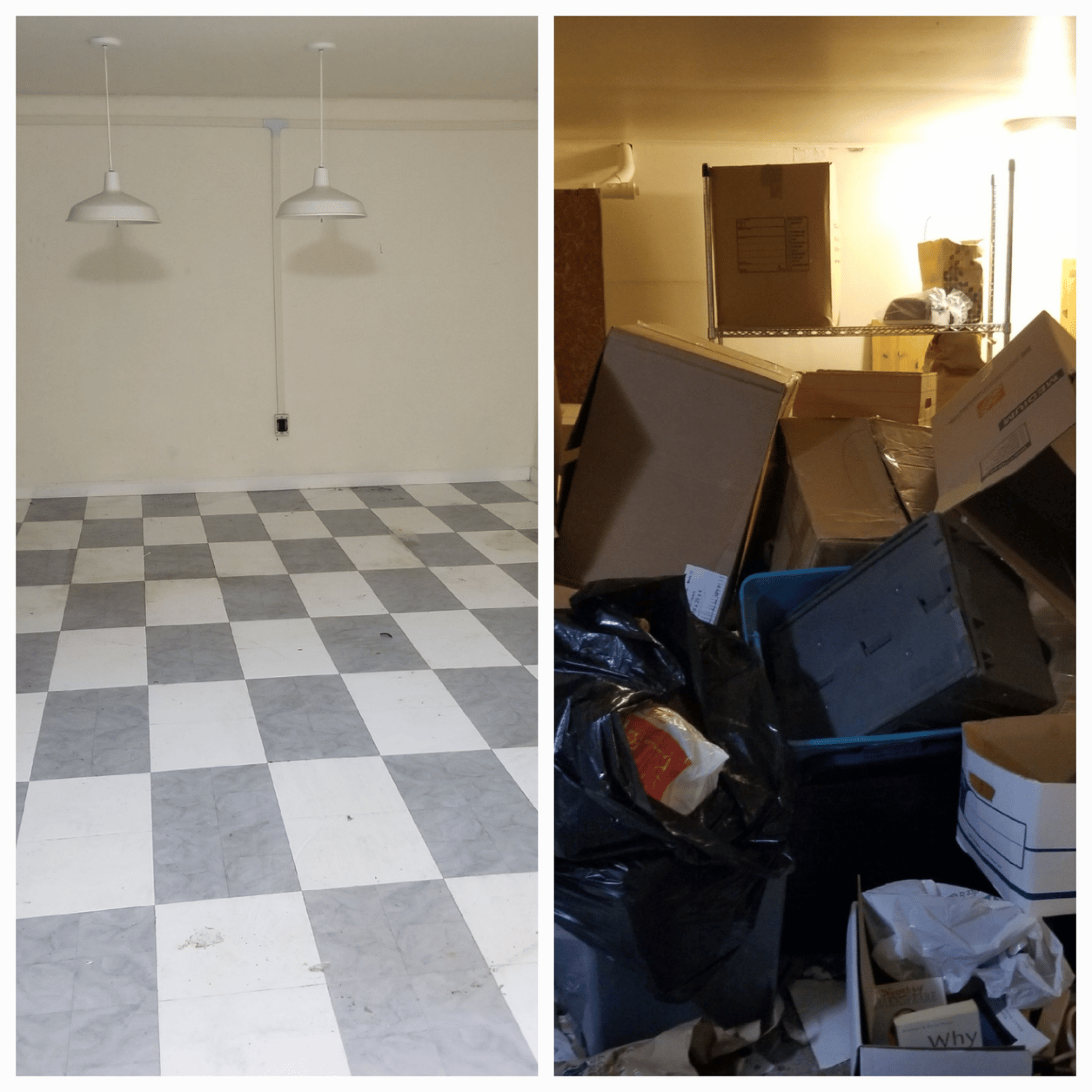 Before and after photo of a basement cleanout in Oakland County, Michigan by Your Helpful Neighbors showing a cluttered storage area transformed into a clean, empty space.