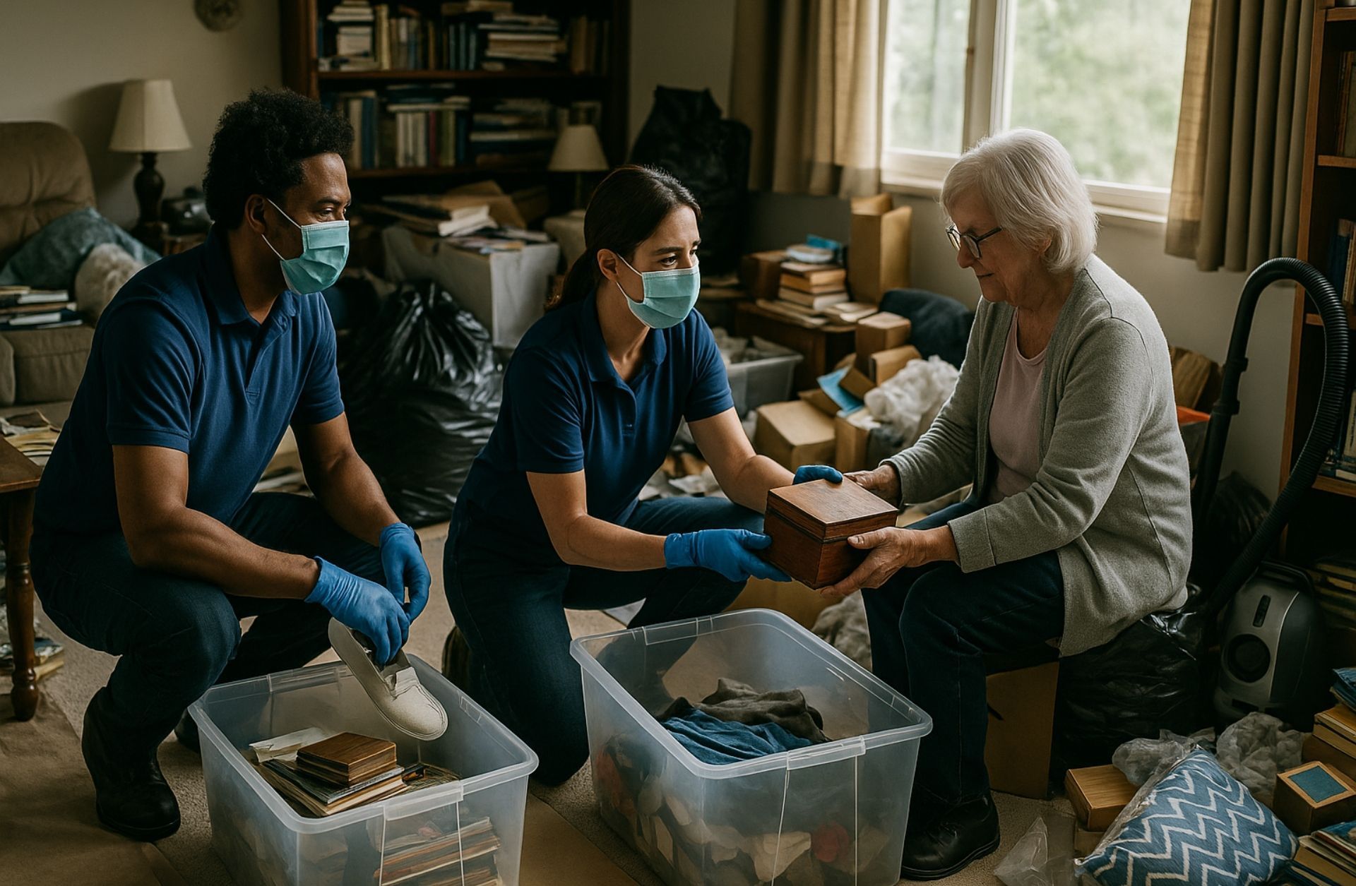 Your Helpful Neighbors team assisting with a compassionate hoarding cleanup and home organization in Ferndale, MI.