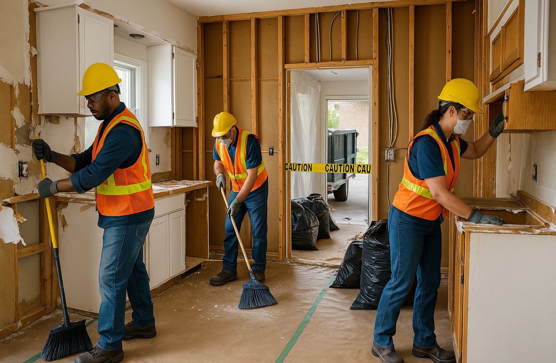 Demolition crew removing old cabinets and drywall during an interior kitchen demo project in Oakland County, Michigan.