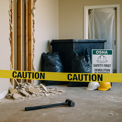 Demolition scene: Interior room with torn walls, trash bags, caution tape, hammer, hard hats, and a dumpster.
