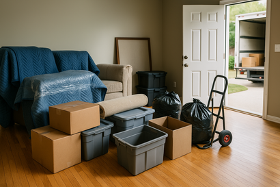 Estate cleanout project showing sorted boxes and organized space after cleanup by Your Helpful Neighbors in Ferndale, Michigan.
