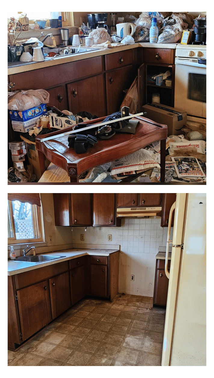 Before and after photo of an estate cleanout in Livingston County, Michigan by Your Helpful Neighbors showing a cluttered kitchen transformed into a clean, organized space.