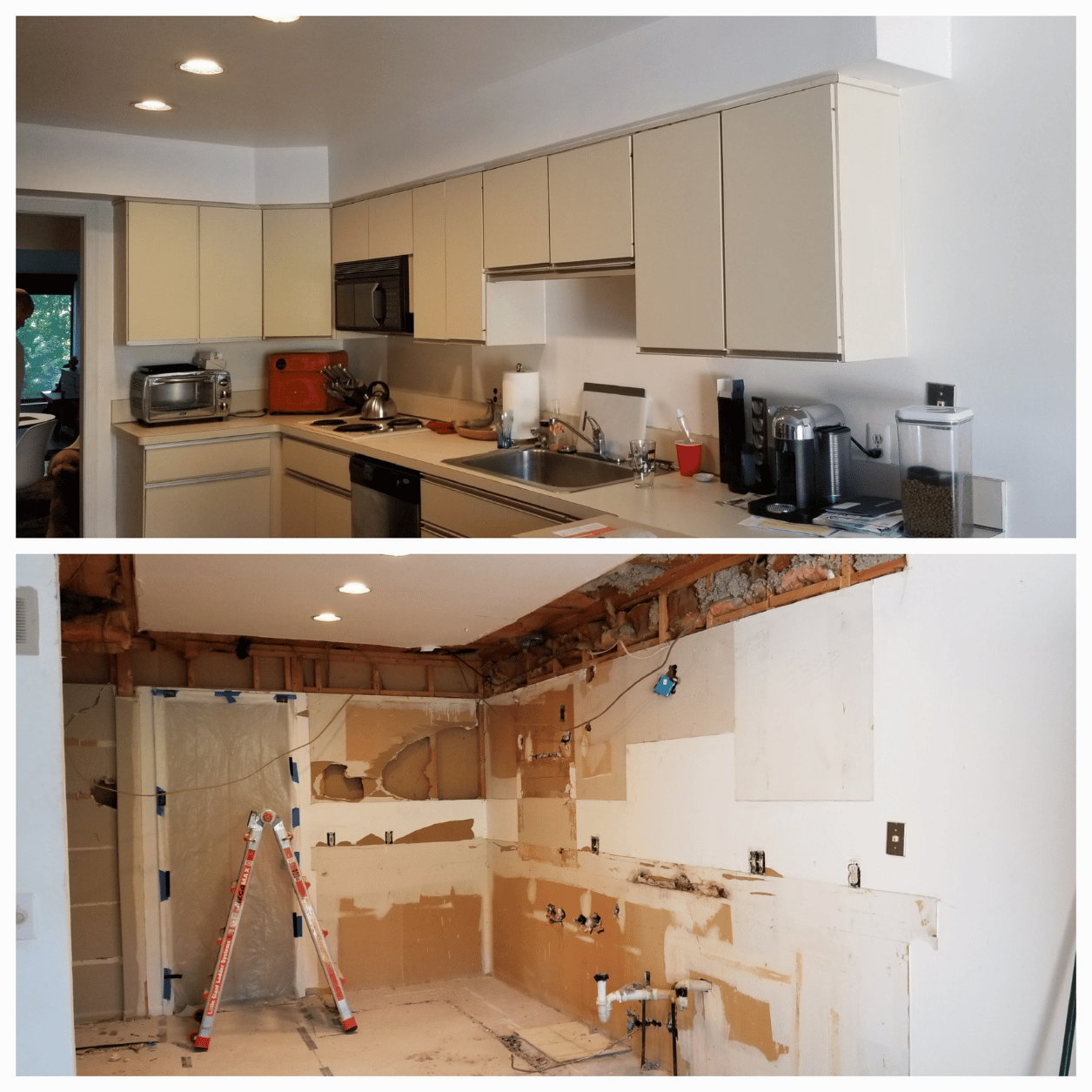 Side-by-side before and after photo of a Ferndale, Michigan kitchen demolition by Your Helpful Neighbors showing transformation from a dated kitchen to a cleared, exposed space ready for renovation.