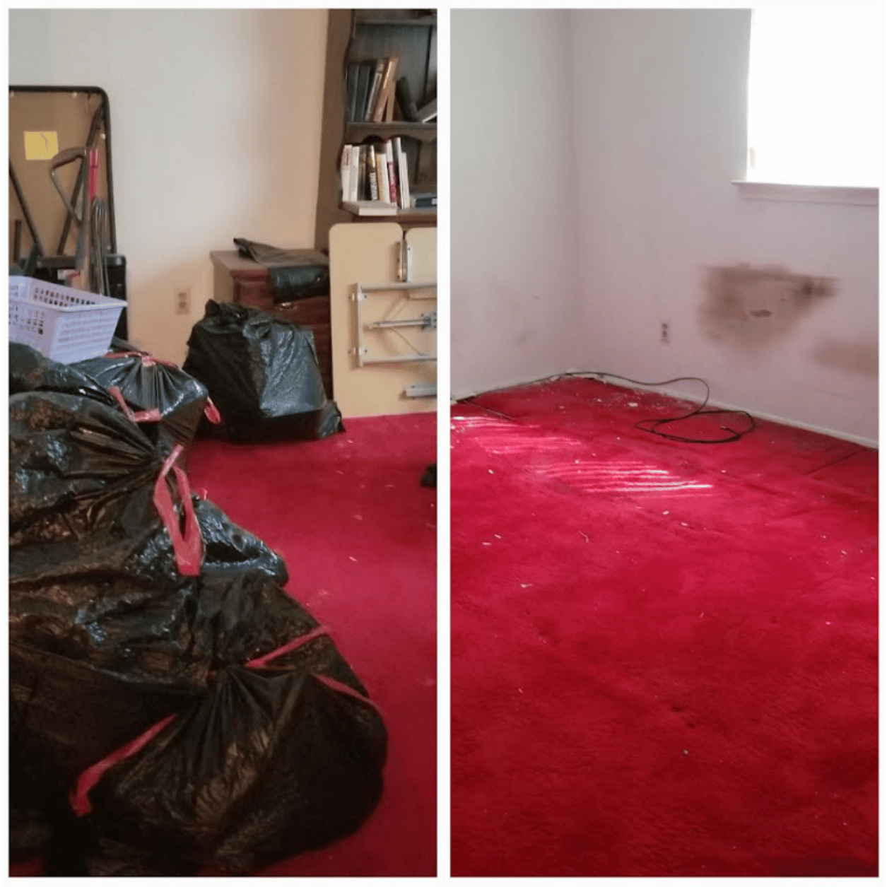 Before and after photo of an estate cleanout in Wayne County, Michigan by Your Helpful Neighbors showing a cluttered room with bags and furniture transformed into a cleared, empty space.