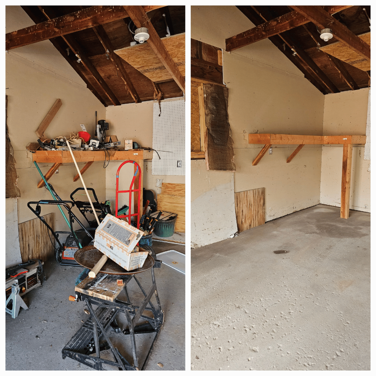 Before and after photo of a garage cleanout in Ferndale, Michigan by Your Helpful Neighbors showing cluttered shelves and tools removed to reveal a clean, organized space.
