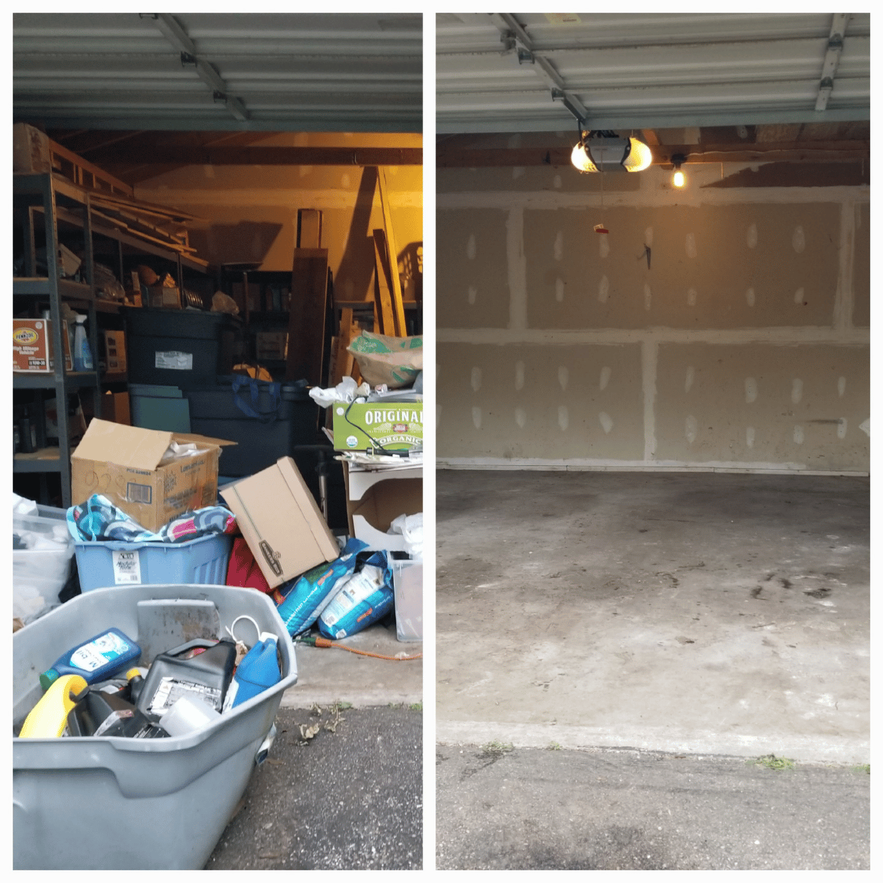 Before and after photo of a garage cleanout in Macomb County, Michigan by Your Helpful Neighbors showing a cluttered garage transformed into a clean, empty space ready for use.