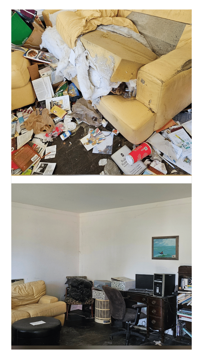 Before and after photo of a hoarding cleanout in Ferndale, Michigan by Your Helpful Neighbors showing a cluttered living room transformed into a clean, organized space.