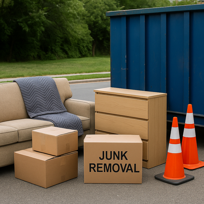 Curb-side junk removal: beige couch, dresser, boxes, blue dumpster, orange cones, asphalt.