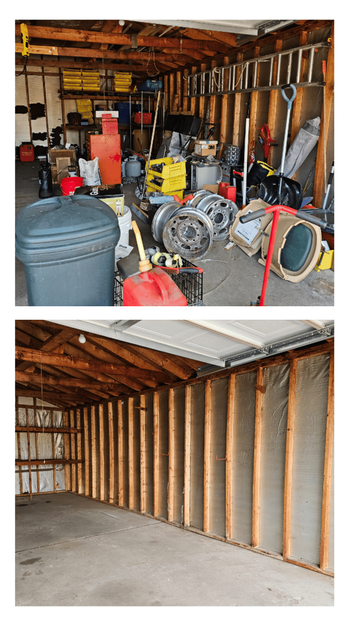 Before and after photo of a junk removal project in Macomb County, Michigan by Your Helpful Neighbors showing clutter and debris cleared to reveal a clean, open space.