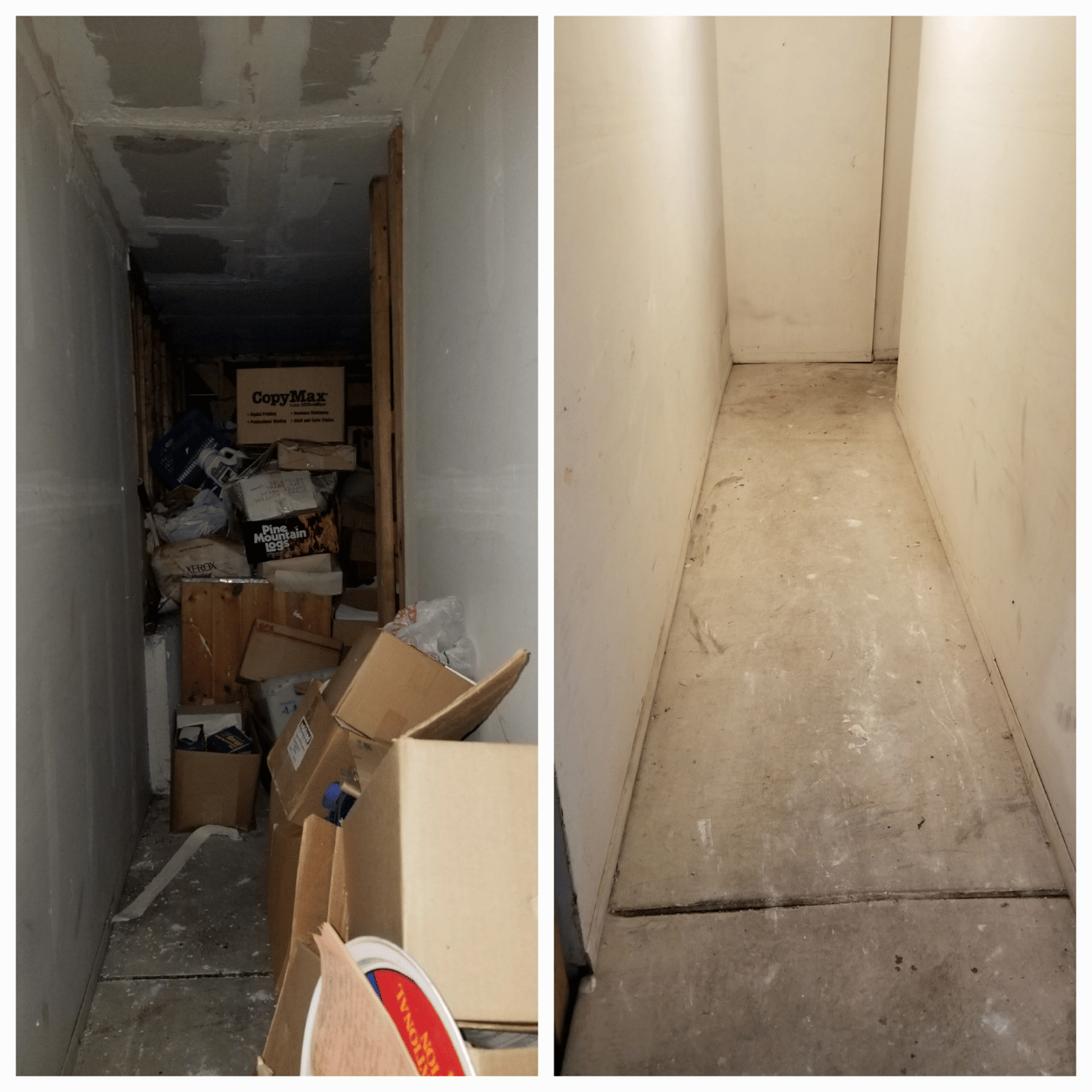 Before and after photo of a junk removal and cleanout project in Livingston County, Michigan by Your Helpful Neighbors showing a cluttered storage hallway cleared of boxes and debris.