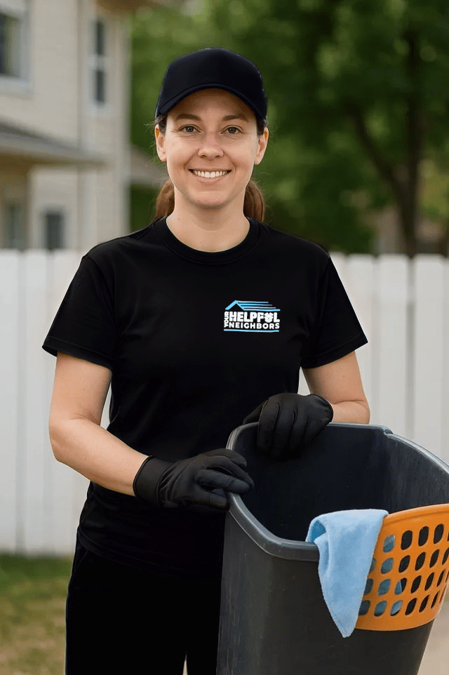 junk removal woman in blue shirt and hat, smiling
