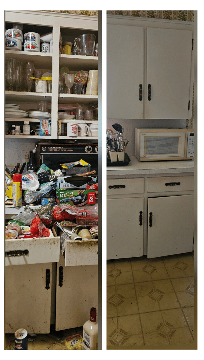 Before and after photo of a kitchen cleanout in Ferndale, Michigan by Your Helpful Neighbors showing a cluttered counter and cabinets transformed into a clean, organized space.