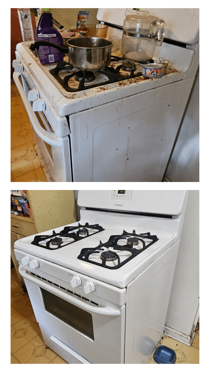 Before and after photo of a moving and downsizing project in Wayne County, Michigan by Your Helpful Neighbors showing a cluttered kitchen stove area cleaned and organized.