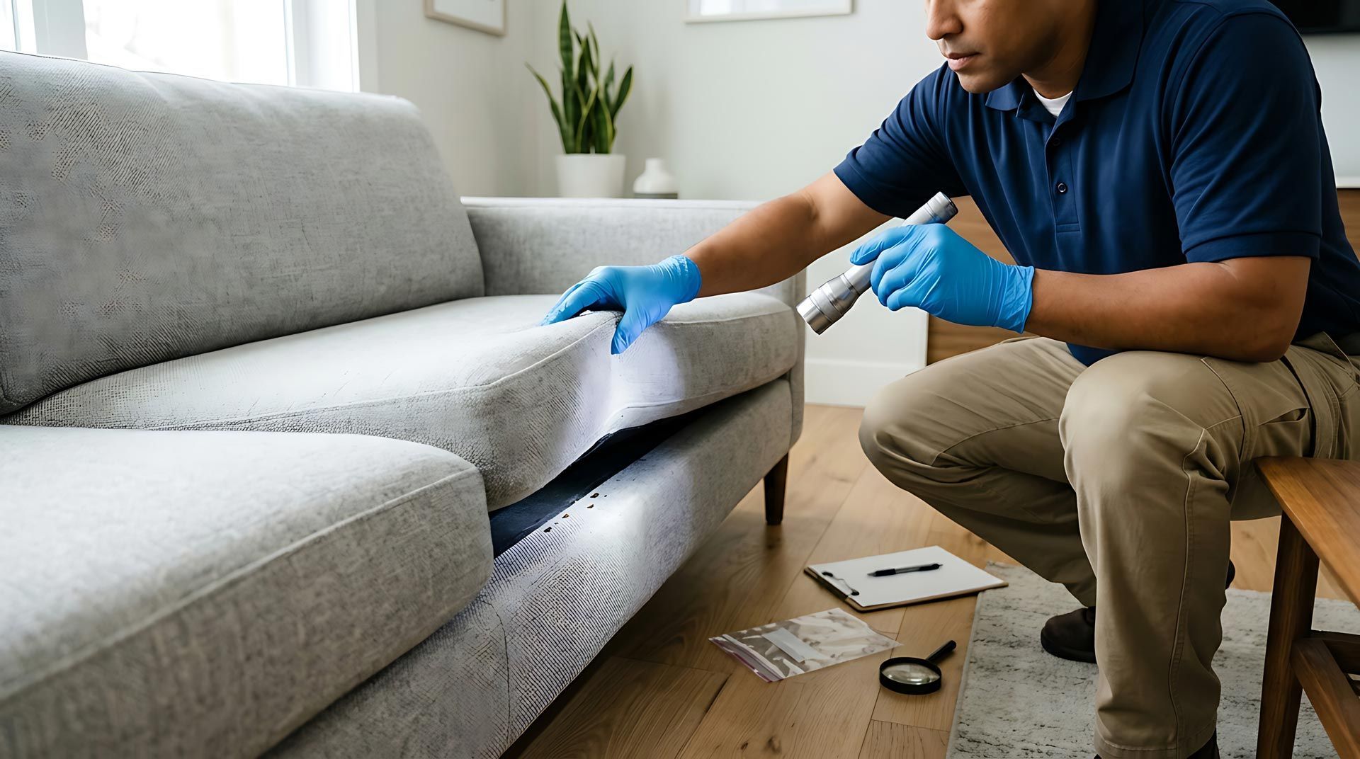Pest control technician in blue uniform and gloves using flashlight to inspect sofa for bed bugs.