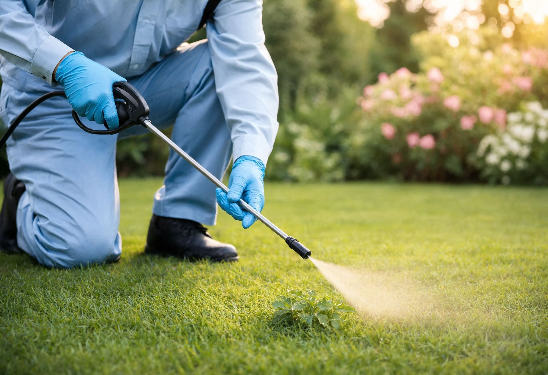 Lawn care technician applying a targeted broadleaf weed control application in St. Augustine turf.