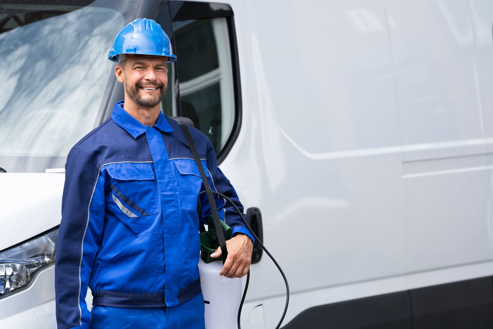 Pest control technician standing beside a service van, prepared for on-site pest treatments.
