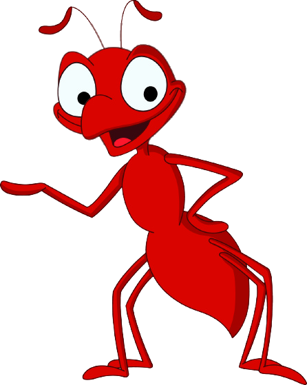 Red cartoon ant with a happy expression, gesturing with its left arm.