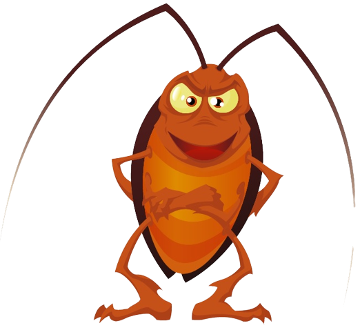 Cartoon cockroach with an evil grin, folded arms, orange body, antennae, and legs.